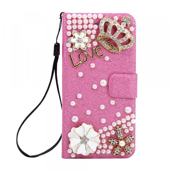 Wholesale Galaxy S6 Crystal Flip Leather Wallet Case with Strap (Crown Hot Pink)